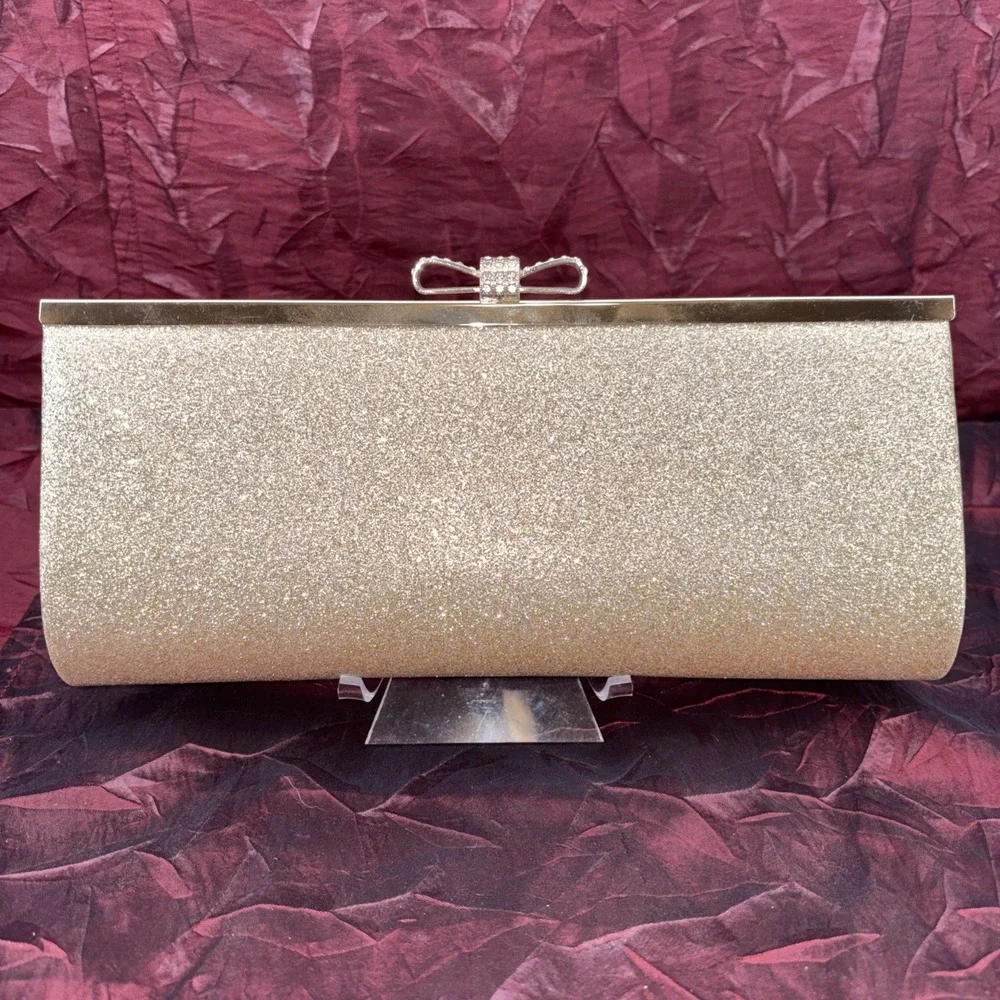 Gold Metallic Glitter Frame Crossbody Clutch Evening Bag Rhinestone Bow Clasp EC